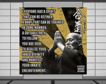 May include: A poster featuring a black and white image of a man with his hands clasped in prayer. The poster has text in English and Japanese, with a yellow and black background. The text includes the quote: "Everyone has a spirit that can be refined."