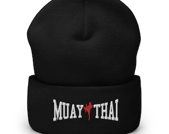 Muay Thai Beanie: Embroidered Boxing Logo, Cuffed Knit Hat