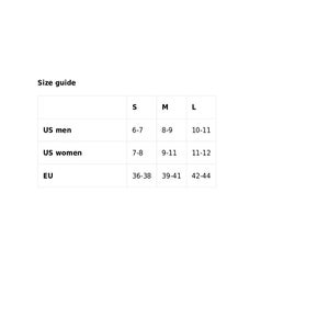May include: Size guide chart for shoes, showing US men's and women's sizes, and EU sizes. The chart shows sizes for small, medium, and large.