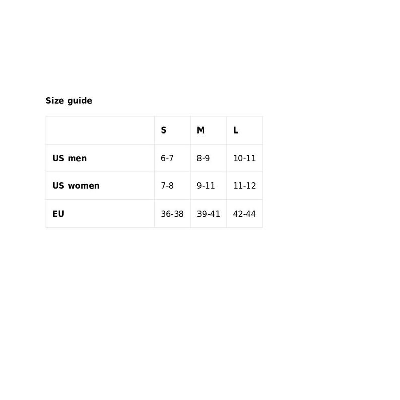 May include: Size guide chart for shoes, showing US men's and women's sizes, and EU sizes. The chart shows sizes for small, medium, and large.
