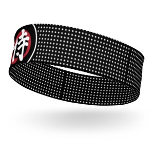 May include: Black headband with white polka dots and a red circle with the Japanese character for "Judo" in white.