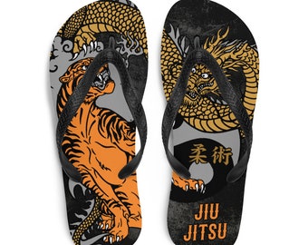 Jiu Jitsu Tiger and Dragon Flip Flops, Ju Jutsu, Brazilian or Japanese Jiu Jitsu, MMA, BJJ, Summer Gift