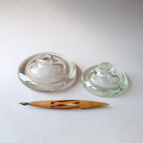 TwoHeavy mouth blown glass inkwells/Swedish antique/Scandinavian design/Hand lettering/Gift to Calligraphy lover