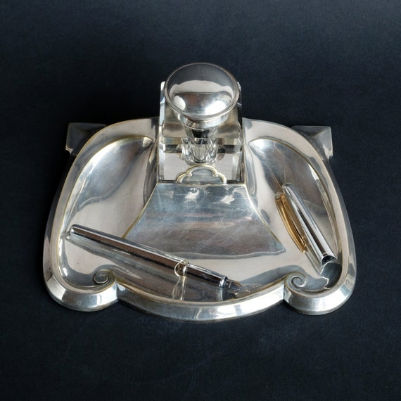 Antique Crystal Inkwell Desk Set Sterling Silver Art Deco Made Antique Crystal Inkwell Desk Set