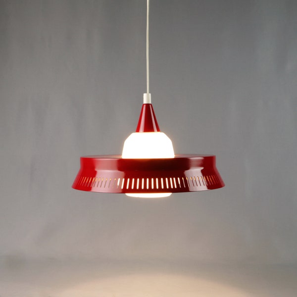 Danish Pendant Ceiling lamp/ Lyfa/Opaline glass/Red metal details/1960s/Mid Century lighting Mid/Century Modern/Design Bent Karlby