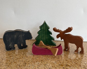 Handmade Northwoods Display: Rustic Bear, Moose, Canoe & Paddle