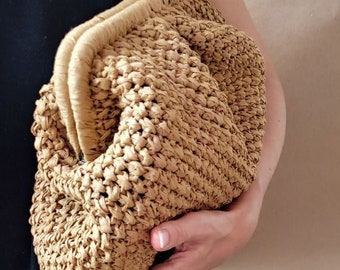 Gehäkelte Bast Clutch Tasche: Karamell Knödel Tasche
