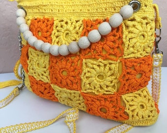Handgemachte Häkeltasche: Gelb Orange Boho Tote