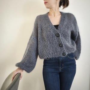 Hand Knit Mohair Cardigan: Oversized Fluffy Cropped Sweater