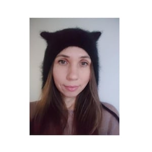 Angora Knit Cat Ear Beanie: Black White Grey Brown Red Woman's Kitty Bonnet