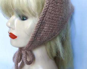 Hand-Knitted Angora Headscarf - Beige Black Wool Kerchief