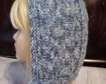 Gorro de lana tejido a mano con lazo: Gorro de invierno azul jaspeado con orejeras