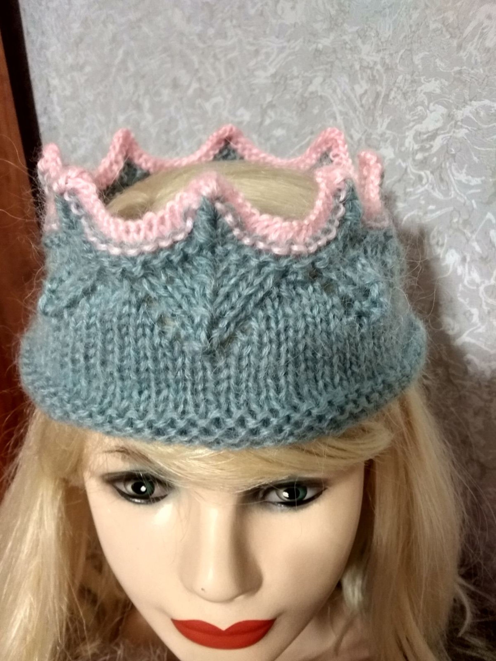 Lace Knit Crown Headband for Dress up and Pretend Play in Grey Pink Lace Cold Weather Accesory