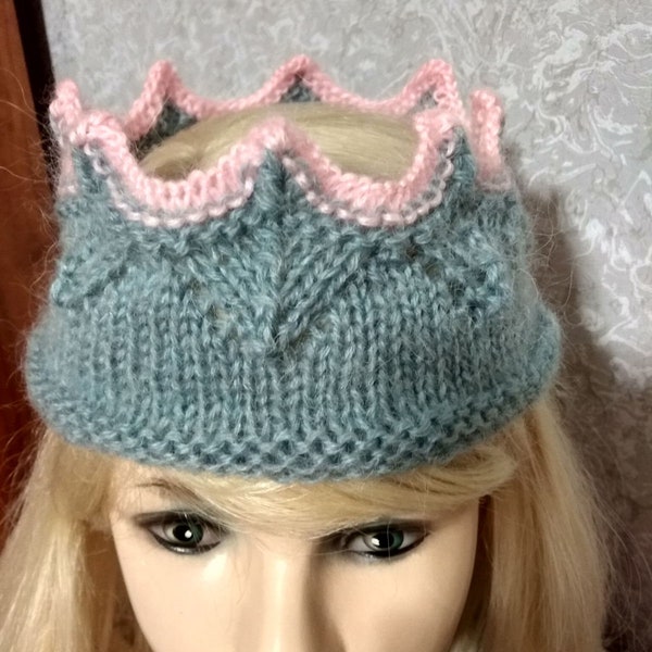 Lace Knit Crown Headband for Dress Up and Pretend Play in Grey Pink Lace Cold weather accesory Head band Hairband Merino Wool Knit Ski band