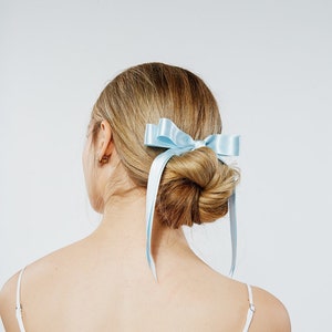 The Stella Silk Satin Long Bow White Bridal Bow Something Blue Bow Special Occassion Bow Designer Luxury Hair Piece image 1