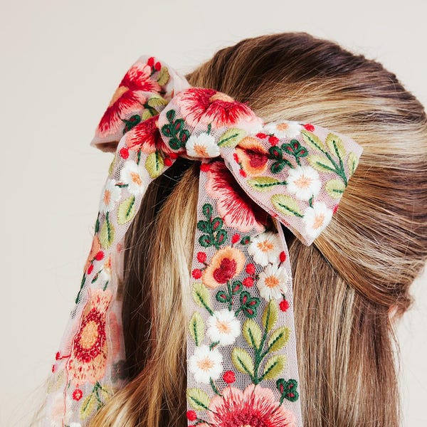 The Aurora Bow | Embroidered Saree Ribbon | 60s, 70s Inspired | Retro Wildflower Bow Barrette