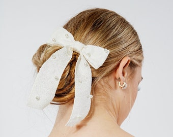 The Ophelia Pearl Long Bow | Luxury Bridal Bow | For the Bride | White Pearl Bow | Custom Fastener