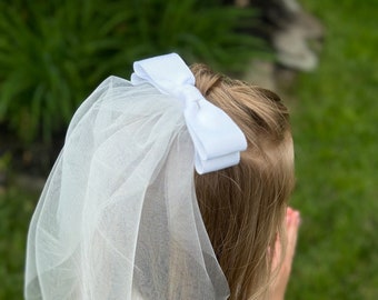 First Communion Bow Veil | Bridal Bow Veil } Grosgrain or Velvet Bow | Warm White Bow Veil