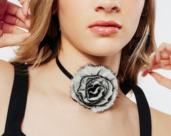 Fringed Chiffon Rosette | Ribbon Choker Necklace | 3D Floral Fashion Trend | Distressed Flower | Luxury Designer Accessory | Coquettecore