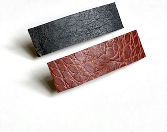 Minimalist Leather Barrette | Alligator and Shiny Black | Upcycled Series