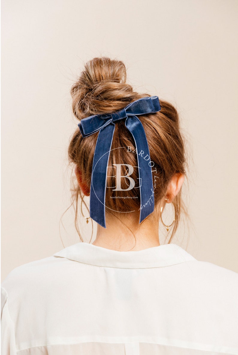 The Standard Velvet Long Bow Series Hair Tie, Barrette or Clip Several Colors Sold individually Gift for Her Indigo