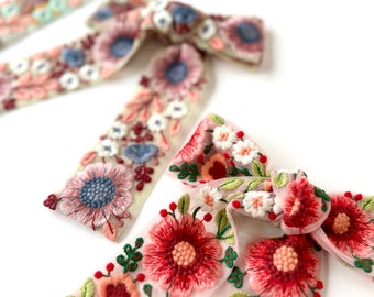 The Aurora Bow | Embroidered Saree Ribbon | 60s, 70s Inspired | Retro Wildflower Bow Barrette