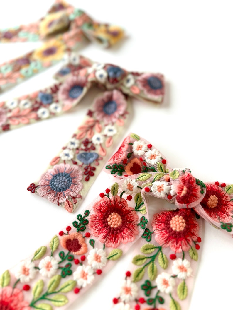 The Aurora Bow Embroidered Saree Ribbon 60s, 70s Inspired Retro Wildflower Bow Barrette image 1