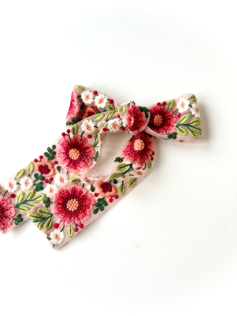 The Aurora Bow Embroidered Saree Ribbon 60s, 70s Inspired Retro Wildflower Bow Barrette image 2