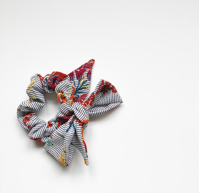 Wildflower Stripe Scarf Scrunchie Crepe Series Bow Scrunchie Pony Scarf 3-in-1 Multi-Use Accessory image 2