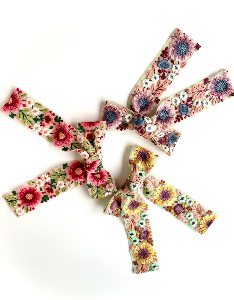 The Aurora Bow Embroidered Saree Ribbon 60s, 70s Inspired Retro Wildflower Bow Barrette image 5