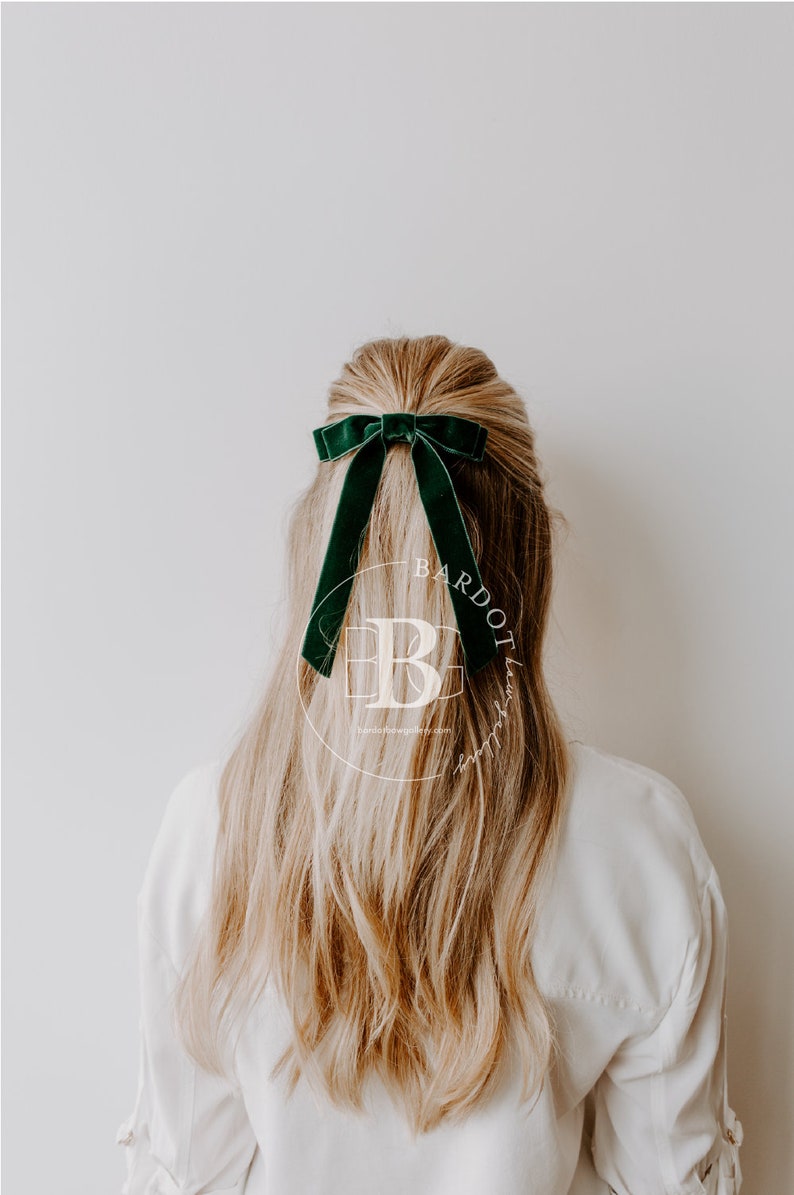 The Standard Velvet Long Bow Series Hair Tie, Barrette or Clip Several Colors Sold individually Gift for Her Balsam Green