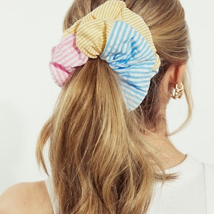 Elástico de cabelo Lilly Maritime | Elástico de cabelo Jumbo Patchwork em Seersucker | Elástico para Cachos | Presente para Ela