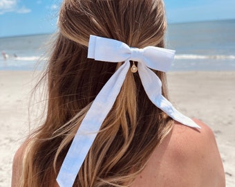 Seaside Pearl Linen Long Bow | with Shell Charm or Jade Bead | Bow Barrette with Long Tails | Handmade Fabric Bow