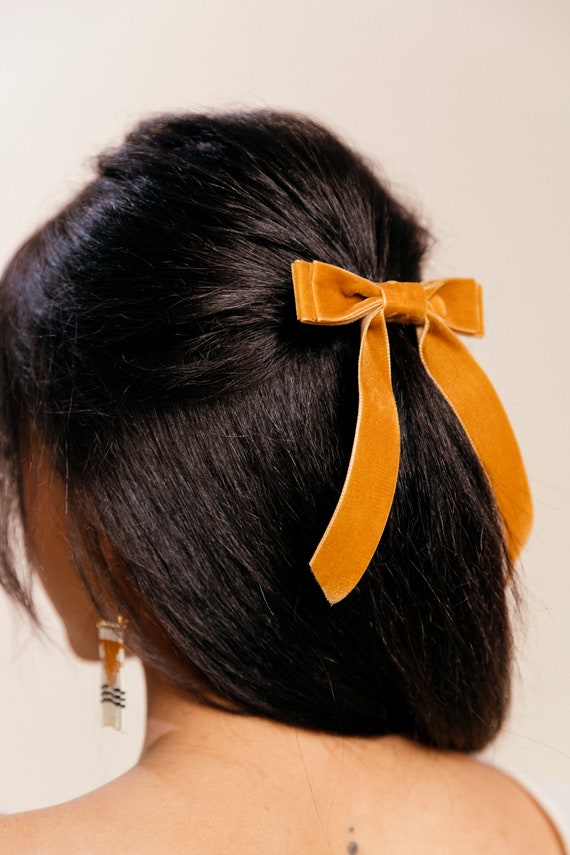 Marigold Velvet Hair Bow Barrette, Delicate Hair Bow, Gift for Her