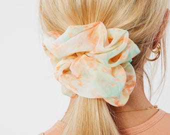 Sherbert Jumbo Scrunchie | Handmade in USA | Chiffon Scrunchie | Tie-Dye Floral Scrunchie | Oversized
