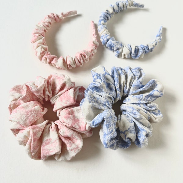 Toile Gauze Cotton Skinny Scrunchie Headband or Jumbo Scrunchie | Super Soft | Scrunchie Headband | Blue and Pink | For Sensitive Ears