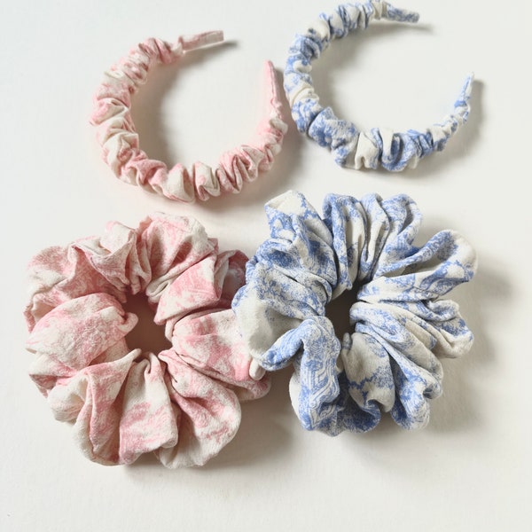 Fascia per capelli Scrunchie skinny in cotone con garza toile o Fascia per capelli Jumbo / Super morbida / Fascia per capelli Scrunchie / Blu e rosa / Per orecchie sensibili