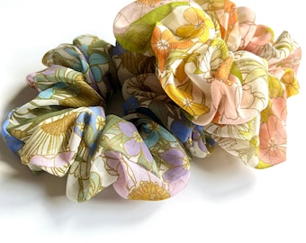 Retro Series Floofy Scrunchie | 70’s Boho Blooms Collection | Handmade in USA | Silk Chiffon Scrunchie | Retro Floral Scrunchie