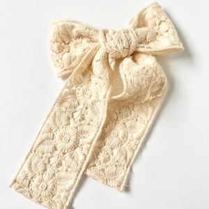 Cream Boho Embroidered Bow | Modern Bohemia | Oversize Bow Barrette | Sari Silk Ribbon | Neutral Hair Accessories
