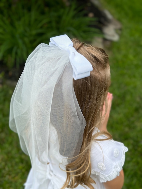 First Communion Bow Veil | Bridal Bow Veil } Grosgrain Or Velvet Bow | Warm White Bow Veil