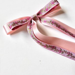 Swiss Antique Satin Rose Skinny Long Bow | Hair Tie, Barrette or Clip | Several Colors | Sold individually | Gift for Her