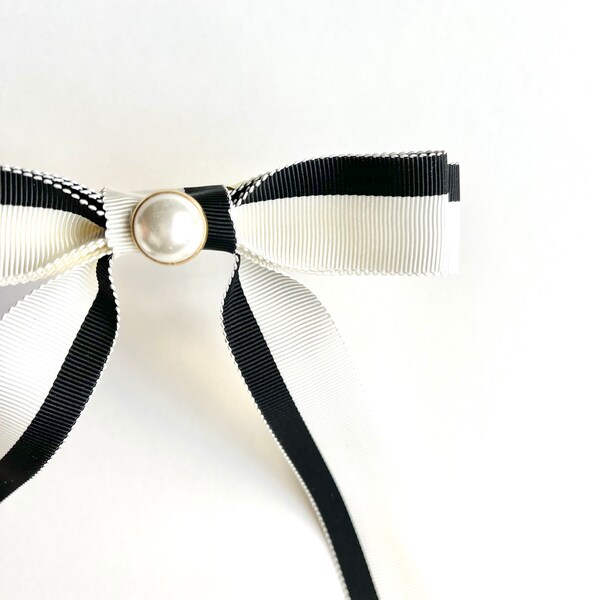 Pearl Tuxedo Grosgrain Long Bow | Luxury Hair Bow or Luxury Bow Brooch | Neckwear | Upscale Women's Bow | Black and White Bow