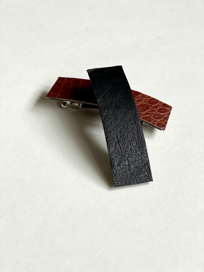 Minimalist Leather Barrette Alligator and Shiny Black Upcycled Series image 4