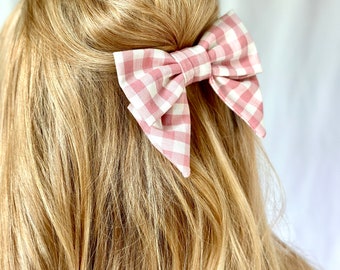 Pink Gingham Bow | Layered Bow Barrette | Pink and Cream Gingham | Handmade Fabric Bow