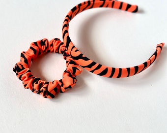 Neon Tiger Tails Print Headband & Skinny Scrunchie | Black and Orange Zebra | Cincinnati Bengals