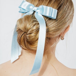 The Stella Silk Satin Long Bow White Bridal Bow Something Blue Bow Special Occassion Bow Designer Luxury Hair Piece image 9