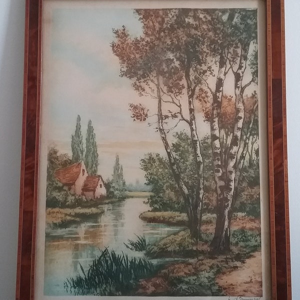 Gravure -Dessin paysage de campagne -Vintage -encadrė et signė .