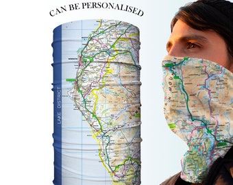 Wearable Lake District map snood, National Park Road Map on a neck gaiter tube neck scarf