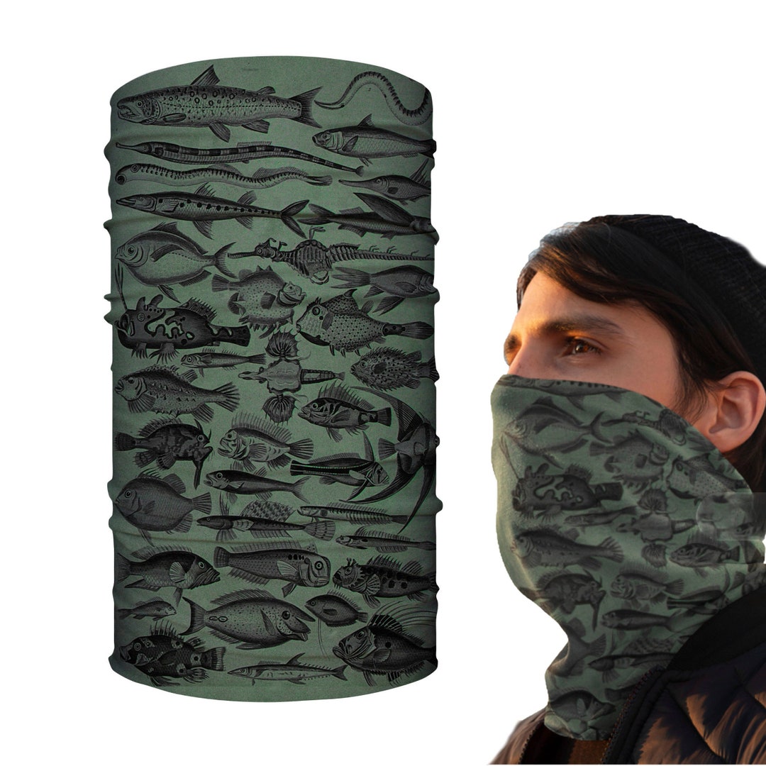 Fishing Neck Gaiter Gift, Vintage Fish Print in Green and Black, Can Be