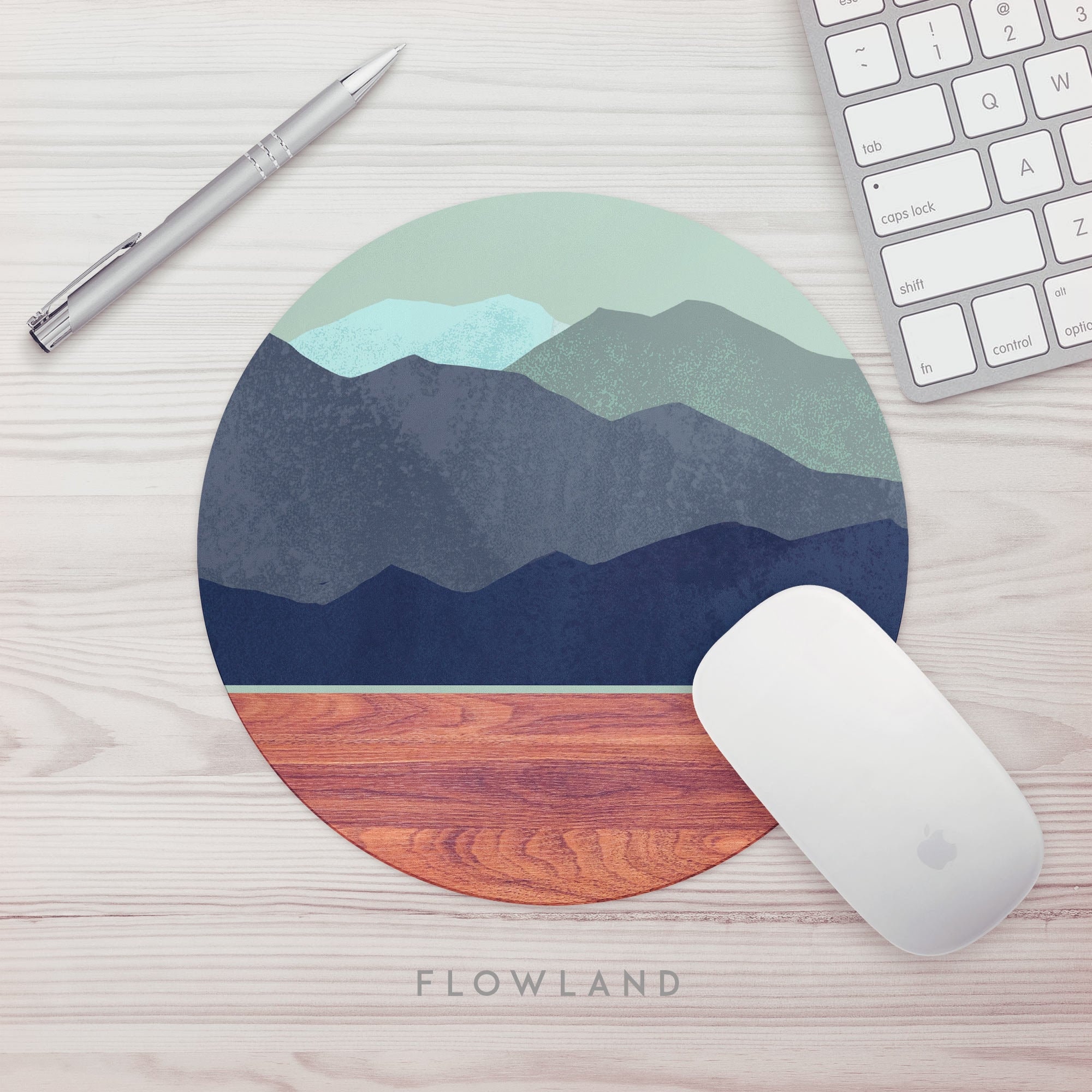 Mouse Pad Teal Mountain Print Office Mouse Mat Wood Print -